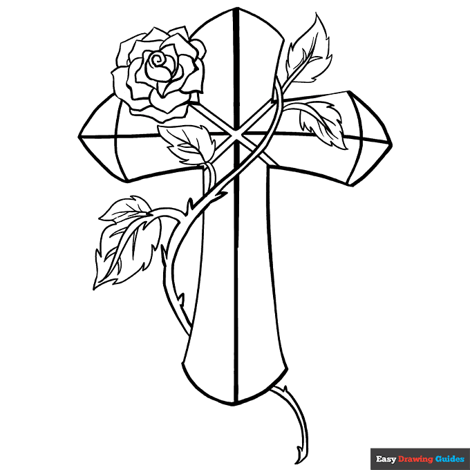 Free printable cross with a rose coloring page