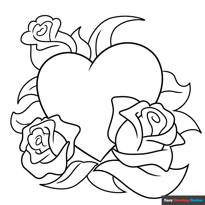 Free printable rose and heart coloring page