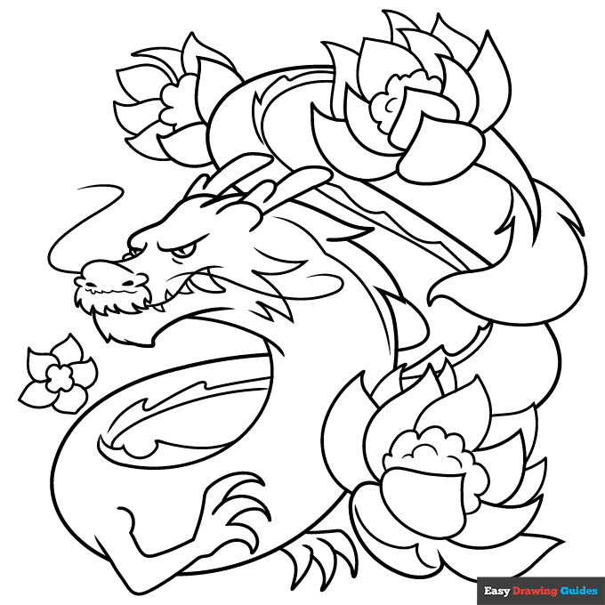 Free printable dragon with flowers coloring page