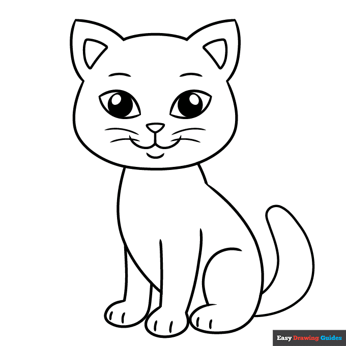 Free printable easy step by step cat drawing for kids coloring page
