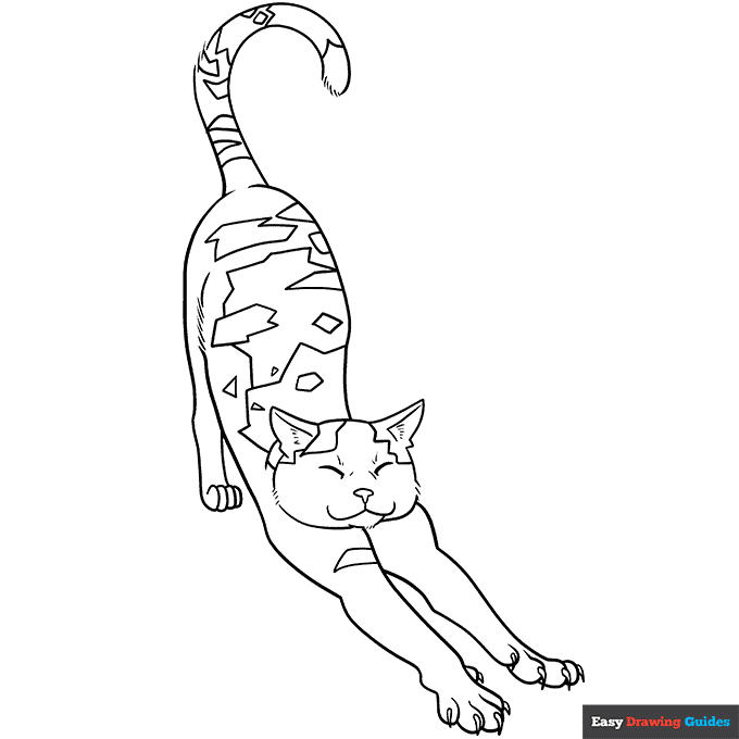 Free printable stretching calico cat coloring page