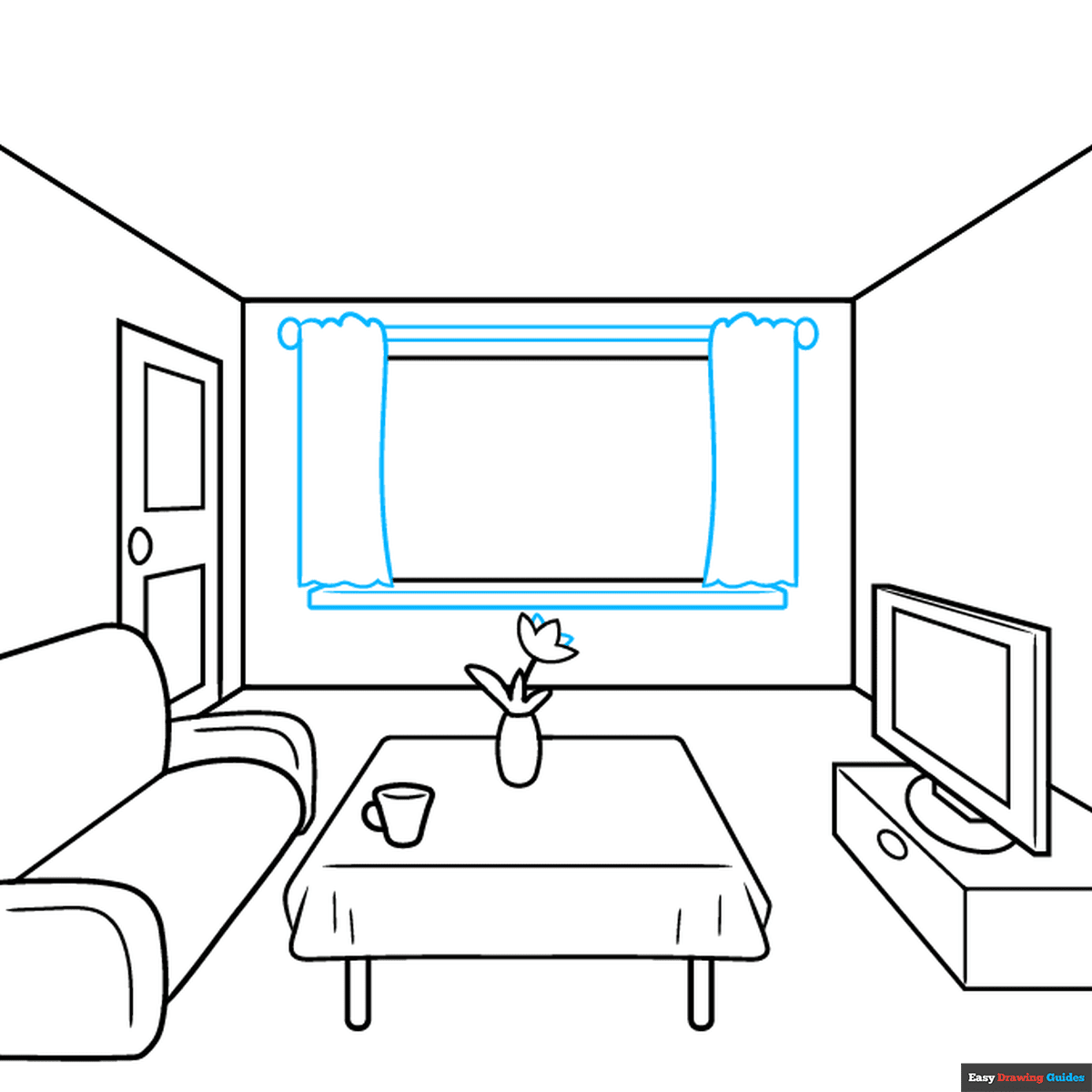 Easy Room in One-Point Perspective step-by-step drawing tutorial: step 7